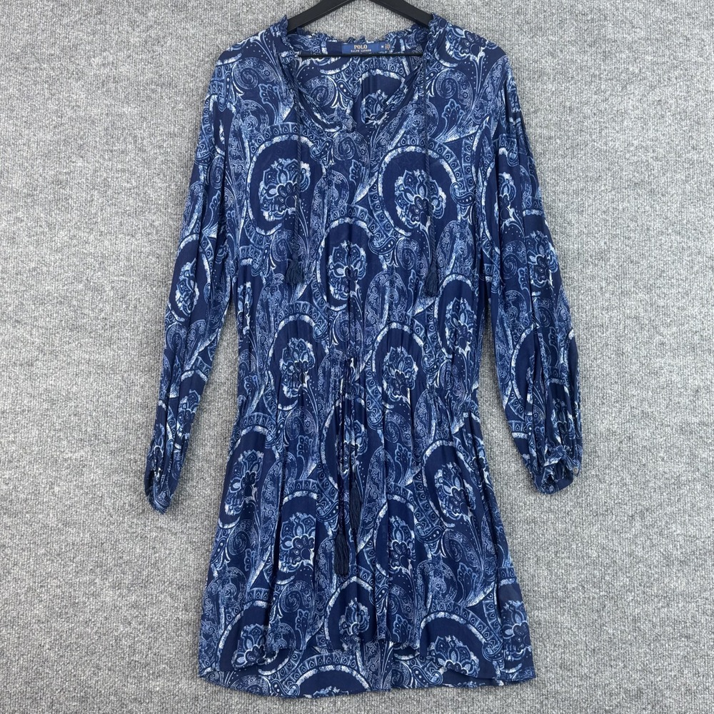 Polo Ralph Lauren Georgette Dress Womens M Blue Paisley Boho Tassel Tie Viscose